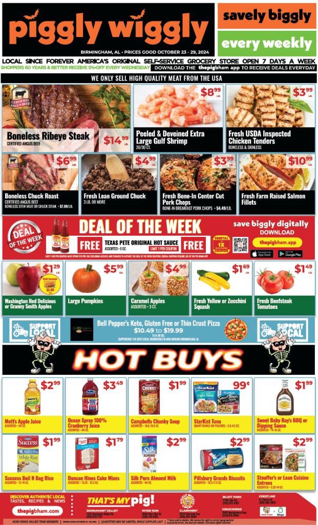 Piggly Wiggly weekly ad for October 23-29, 2024, showcasing discounts on boneless ribeye steak, Gulf shrimp, salmon fillets, fresh produce, and grocery essentials like juice, soup, and baking items.